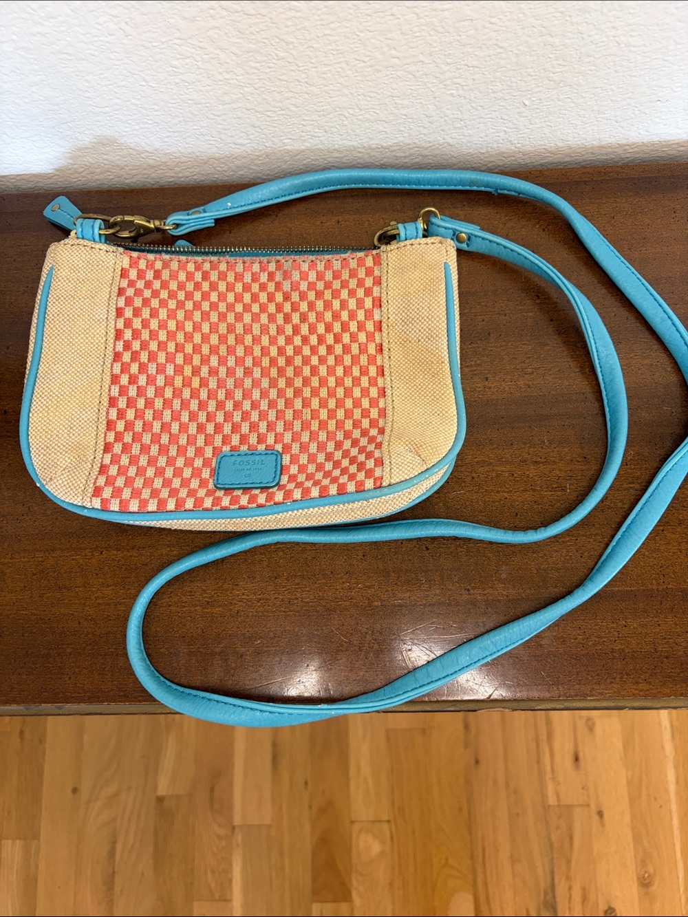 Fossil Red Check Slim Crossbody with Turquoise Trim